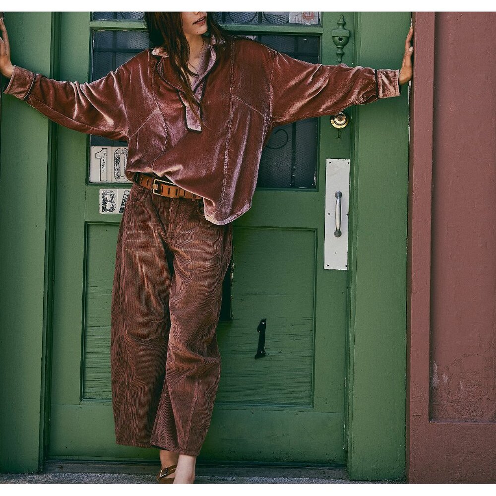 FREE PEOPLE We The Free Luxy Solid Velvet Shirt / Cedar Wood - Picture 7 of 9